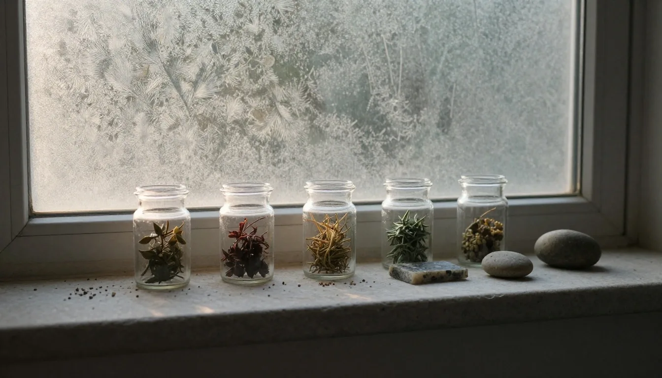 Morning light on botanical preparation surface with glass vessels and mineral specimens