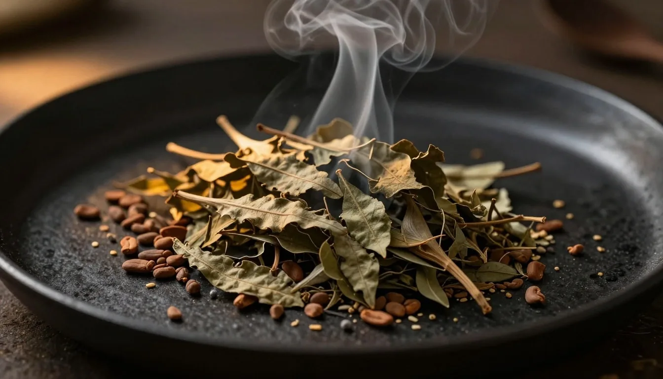 Botanical smoke drifting through morning light on a preparation surface