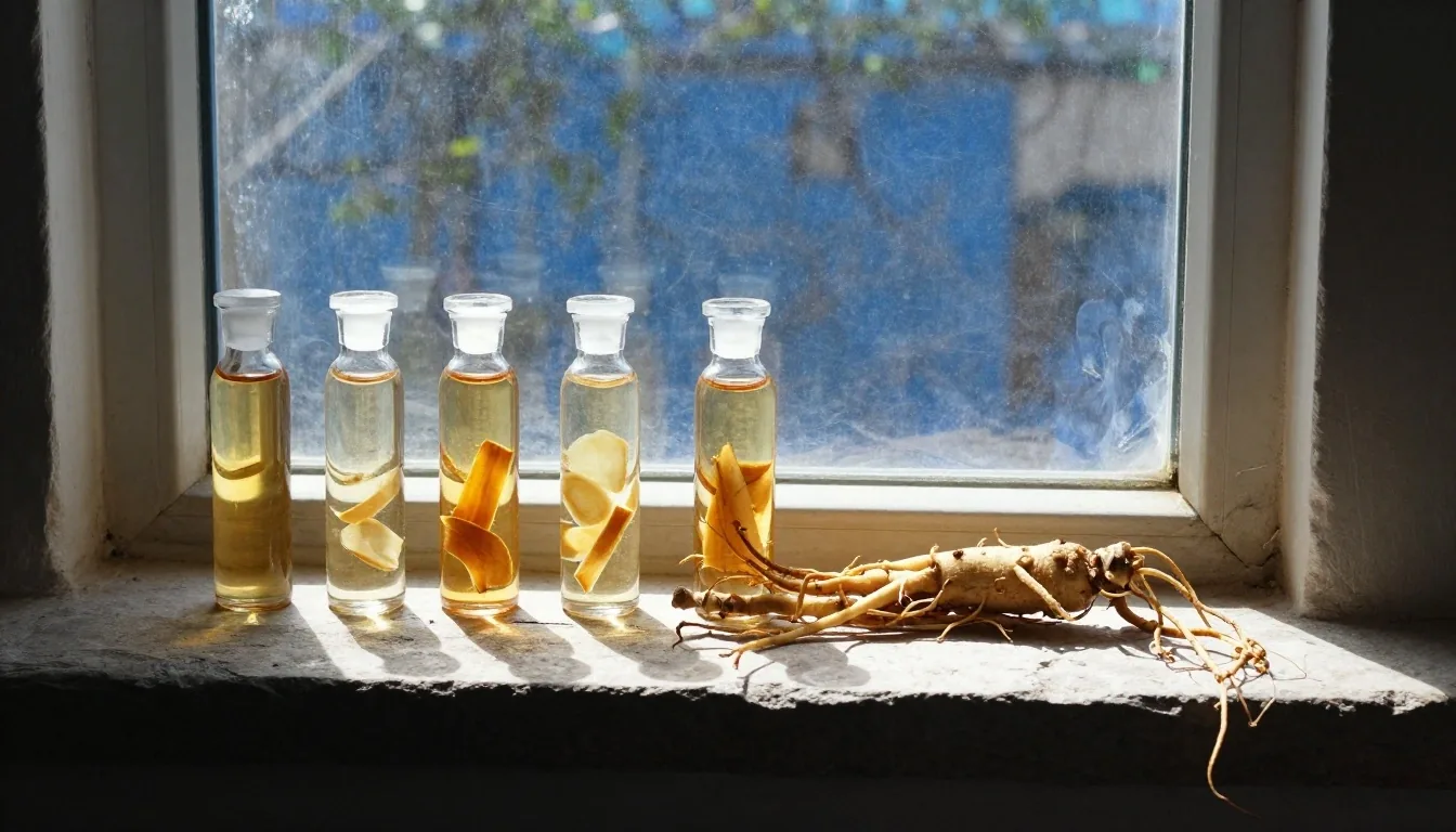 Morning light on botanical preparation surface with glass vessels and mineral specimens