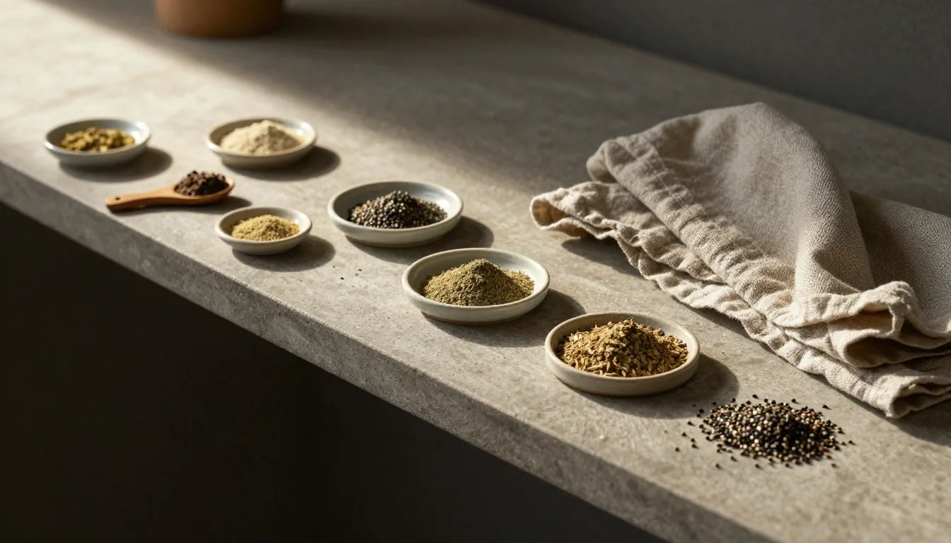 Morning light on botanical ingredients arranged on a steel preparation surface
