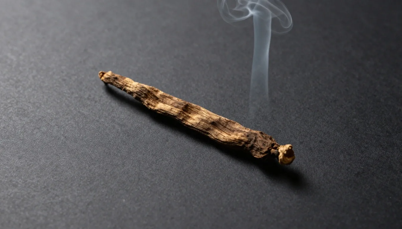 Smoke drifting across a botanical specimen on a matte surface