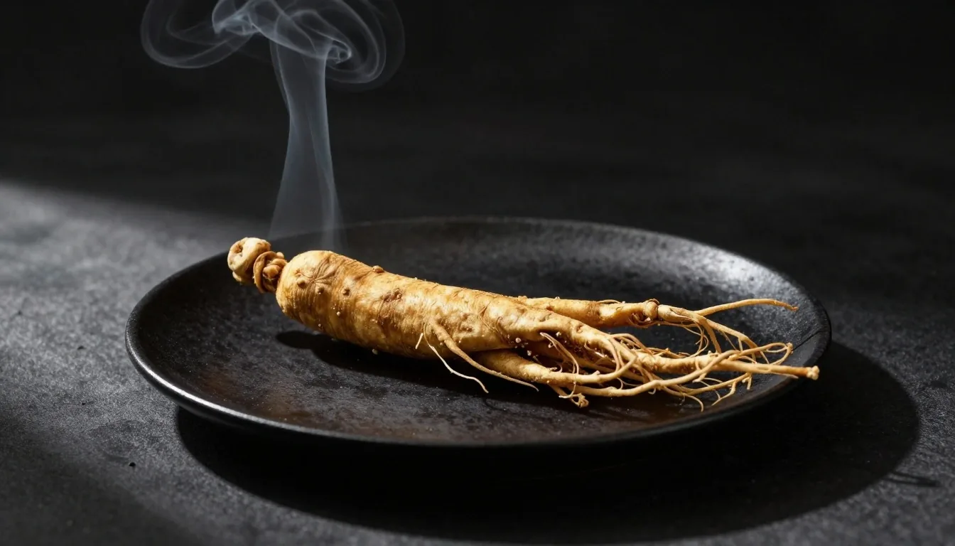 Dried ginseng root with smoke drifting through morning light