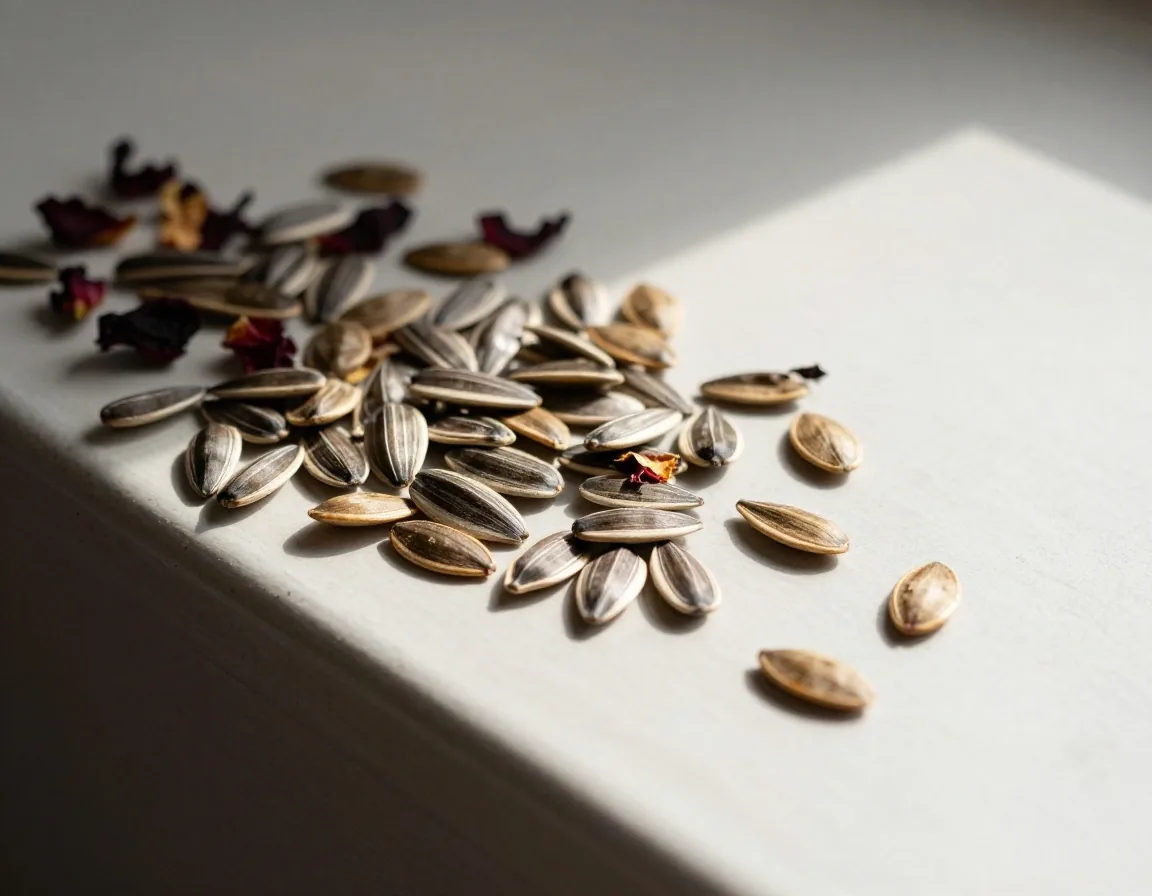 Mixed seeds and dried botanicals on a powder-coat surface
