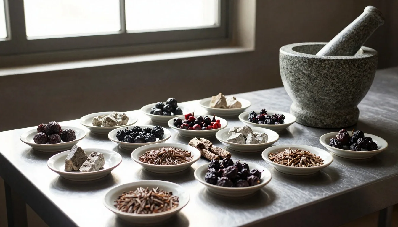 Morning light on a steel preparation surface with botanical specimens and mineral fragments