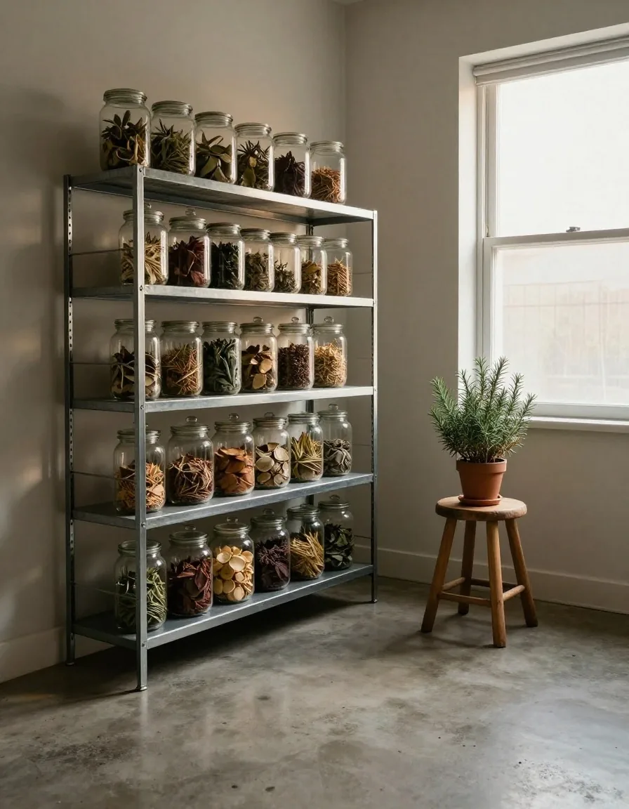 Quiet preparation room with botanicals in morning light