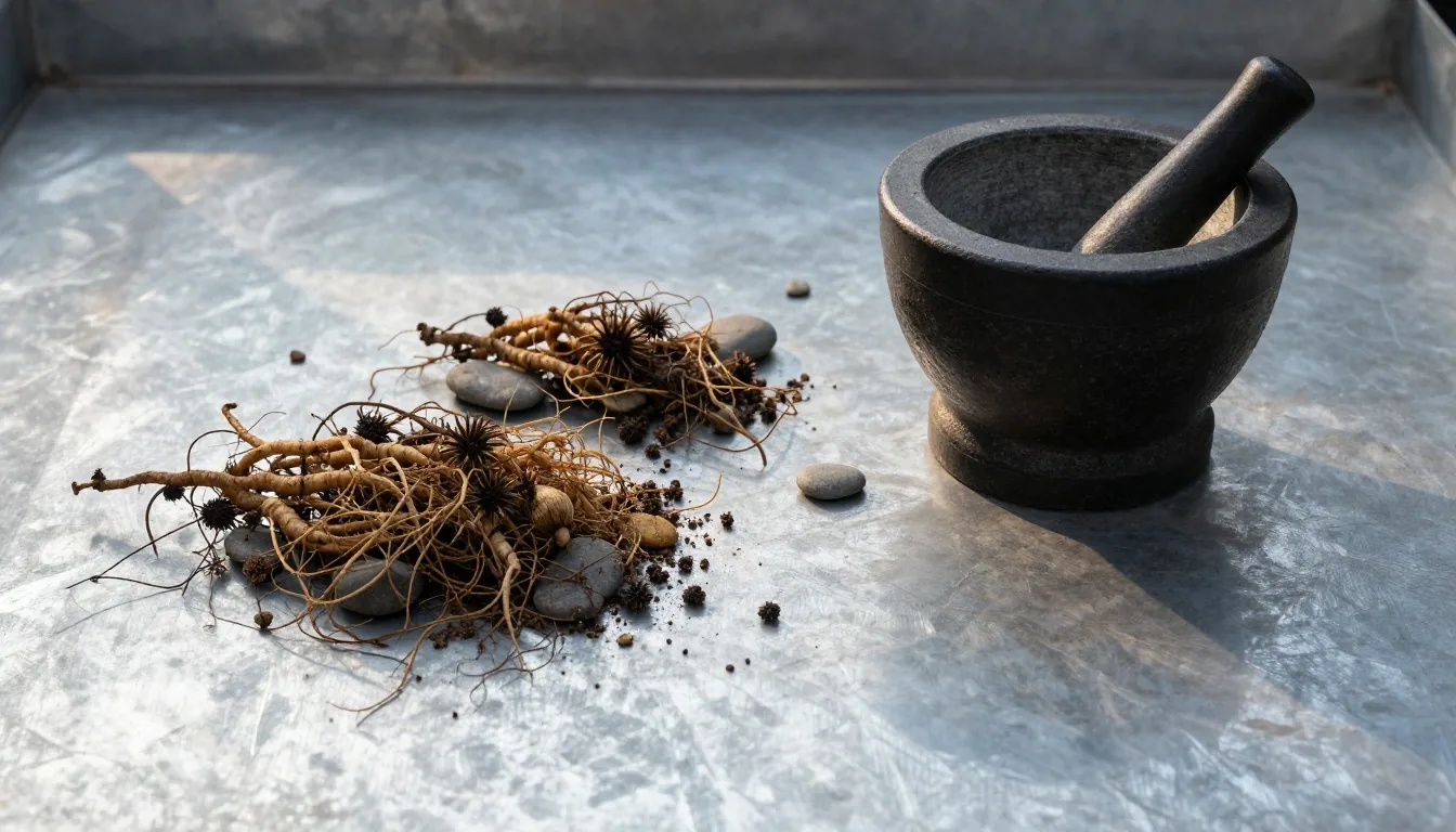 Morning light on organized natural supplement ingredients on a steel surface